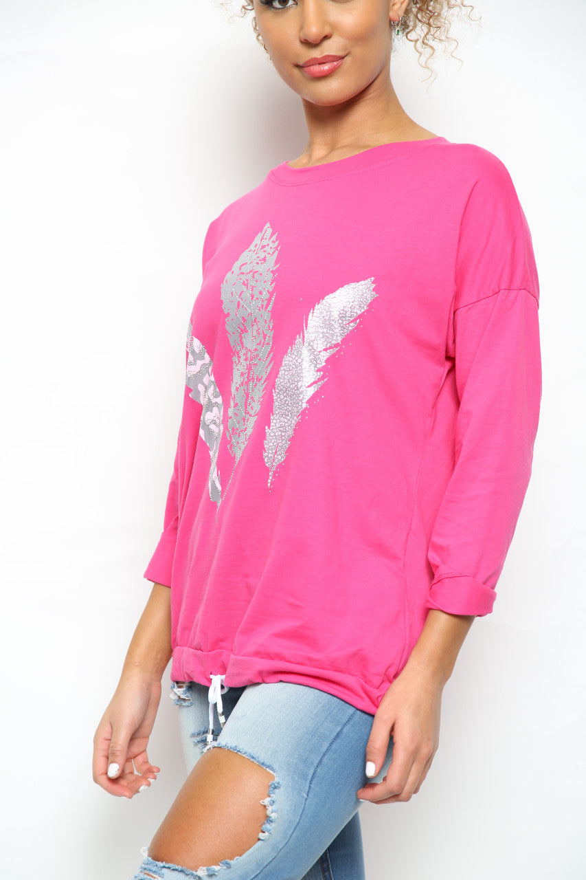 Ladies Foil Feather Graphic Drawstring Hem Top Cerise