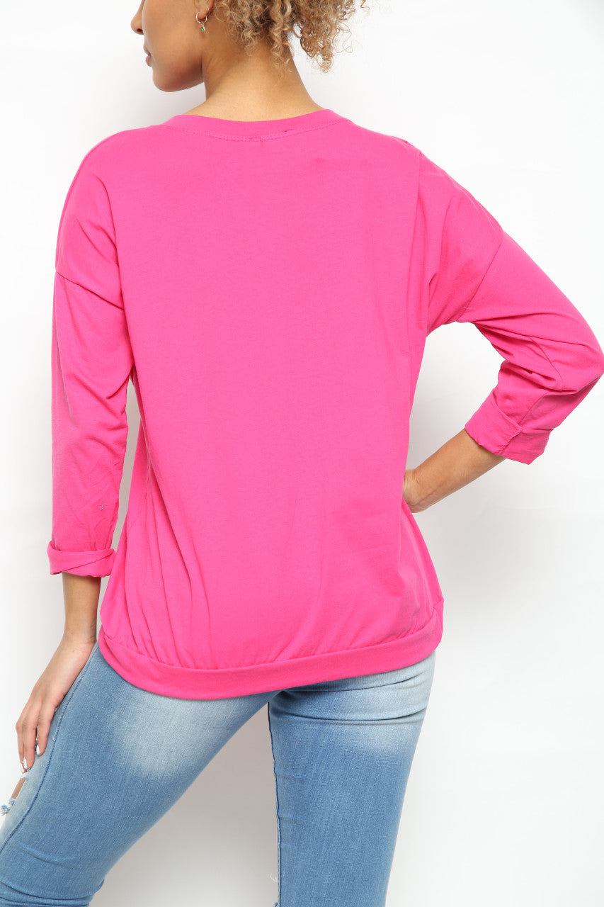 Ladies Foil Feather Graphic Drawstring Hem Top Cerise