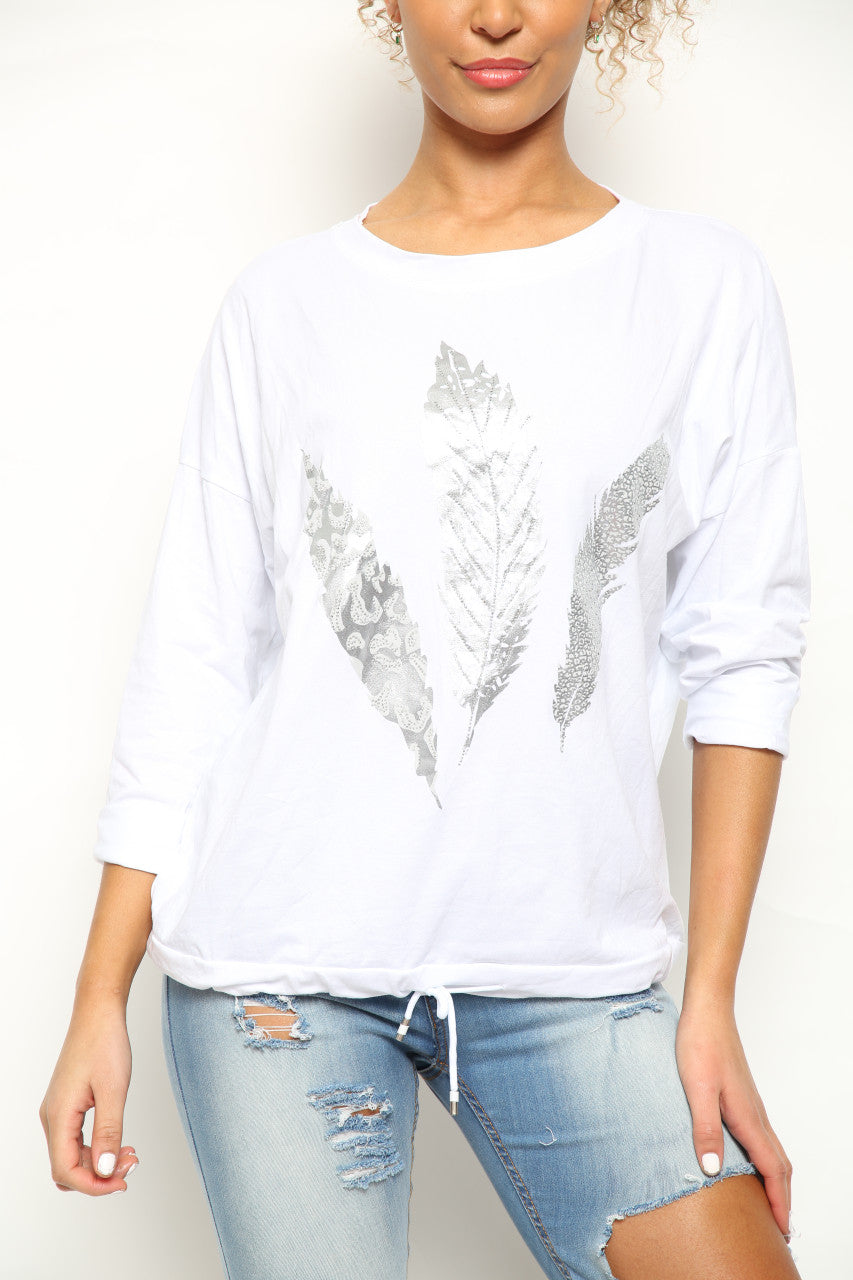 Ladies Foil Feather Graphic Drawstring Hem Top White