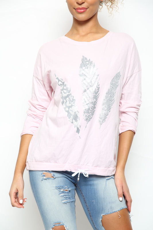 Ladies Foil Feather Graphic Drawstring Hem Top Dusty Pink