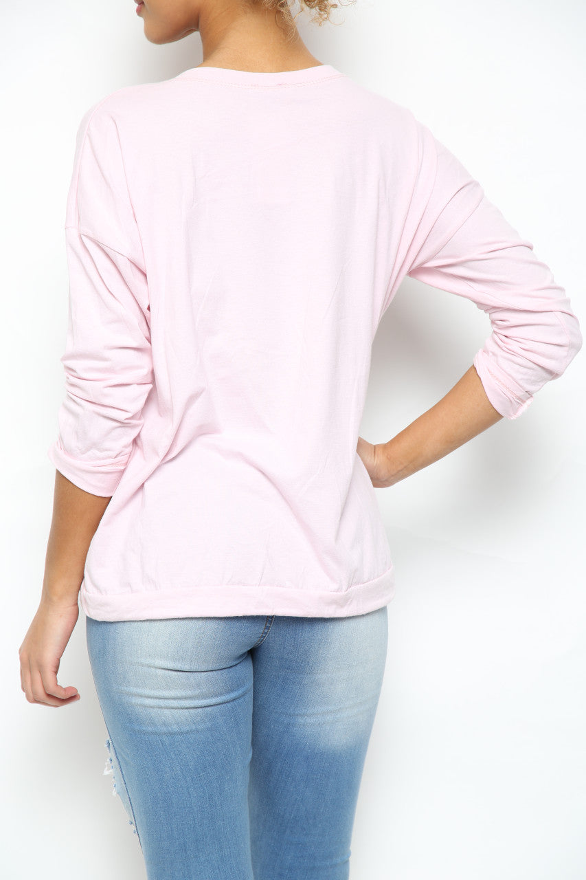 Ladies Foil Feather Graphic Drawstring Hem Top Dusty Pink