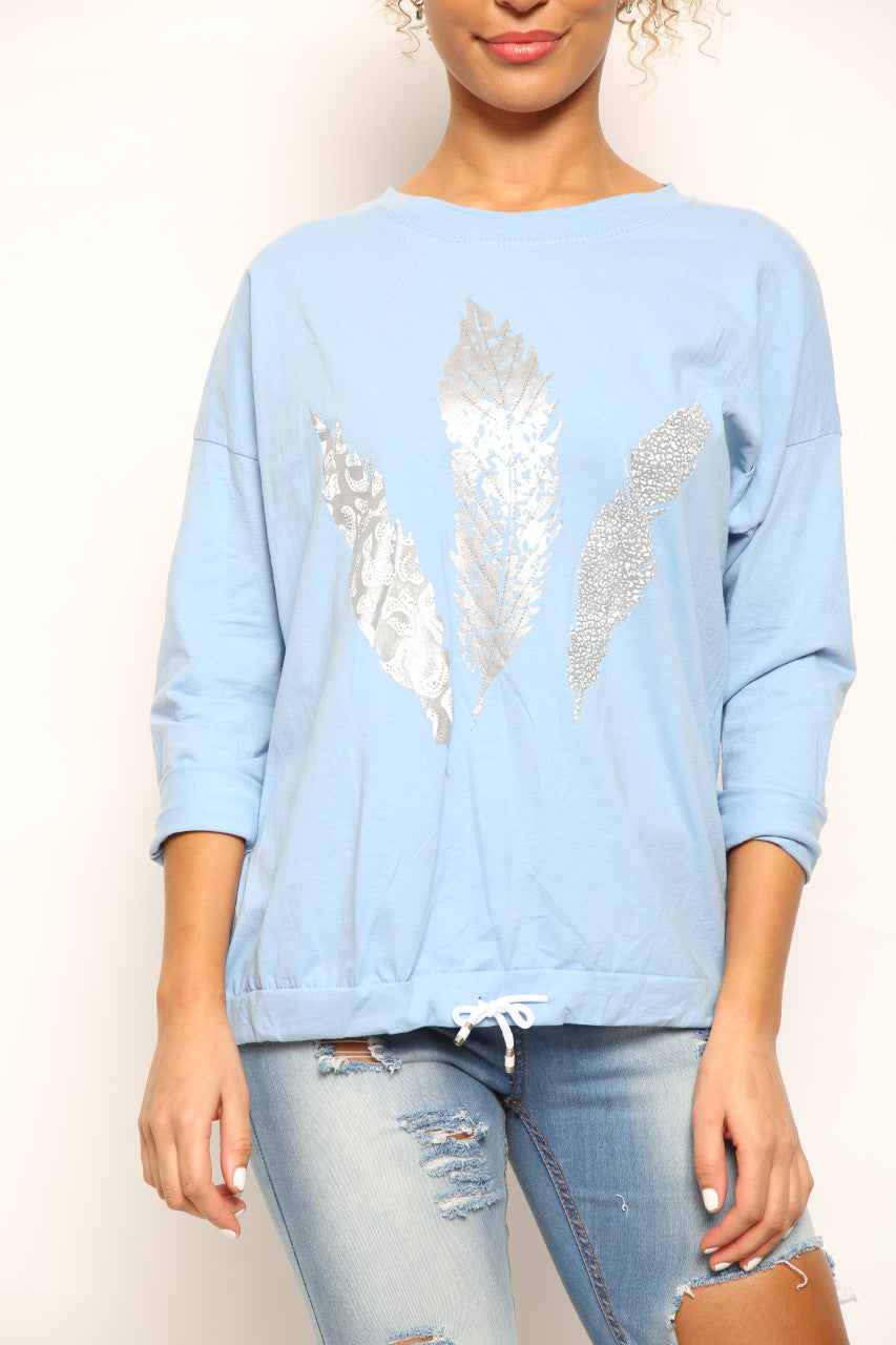 Ladies Foil Feather Graphic Drawstring Hem Top Light Blue
