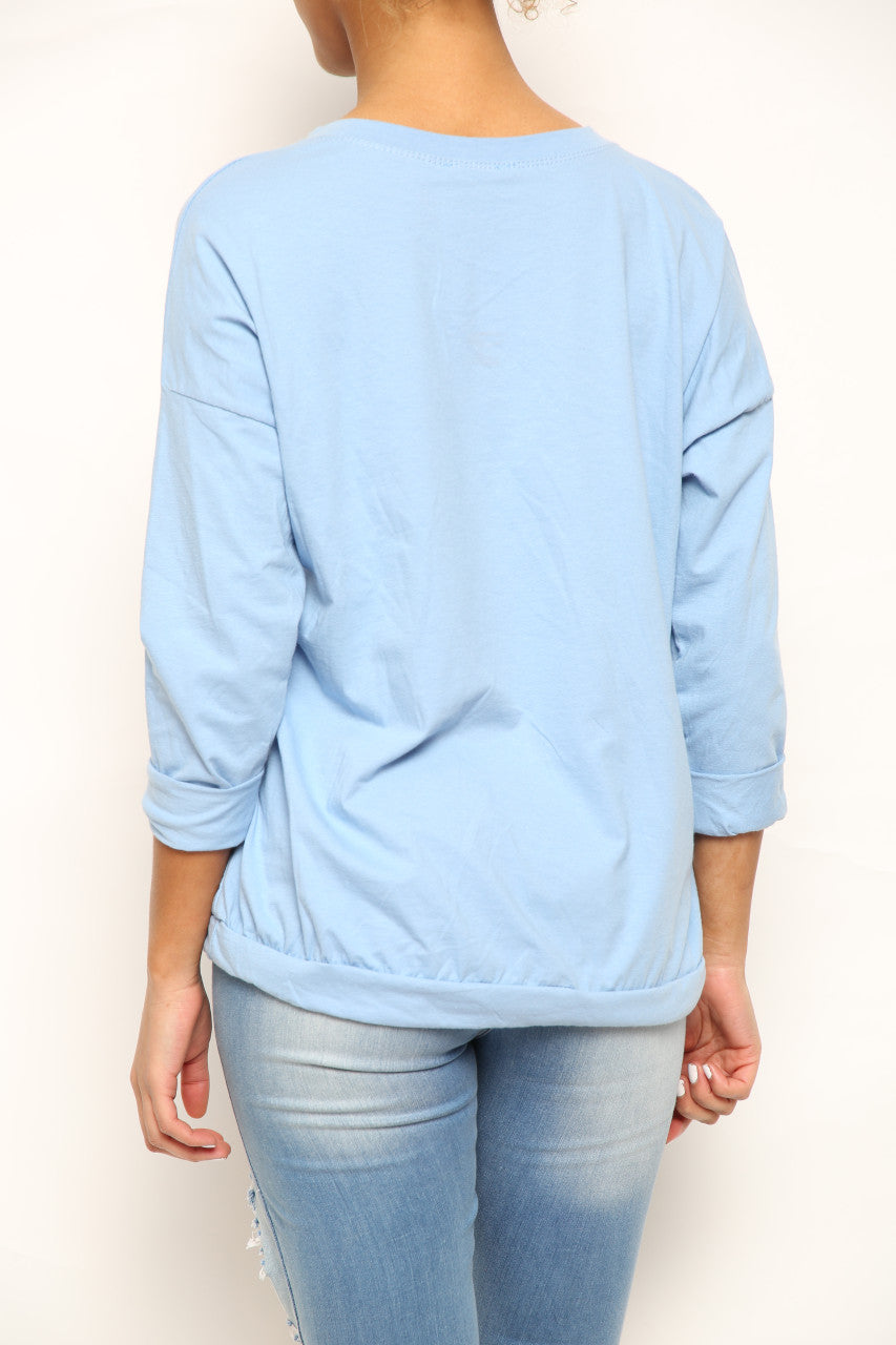 Ladies Foil Feather Graphic Drawstring Hem Top Light Blue