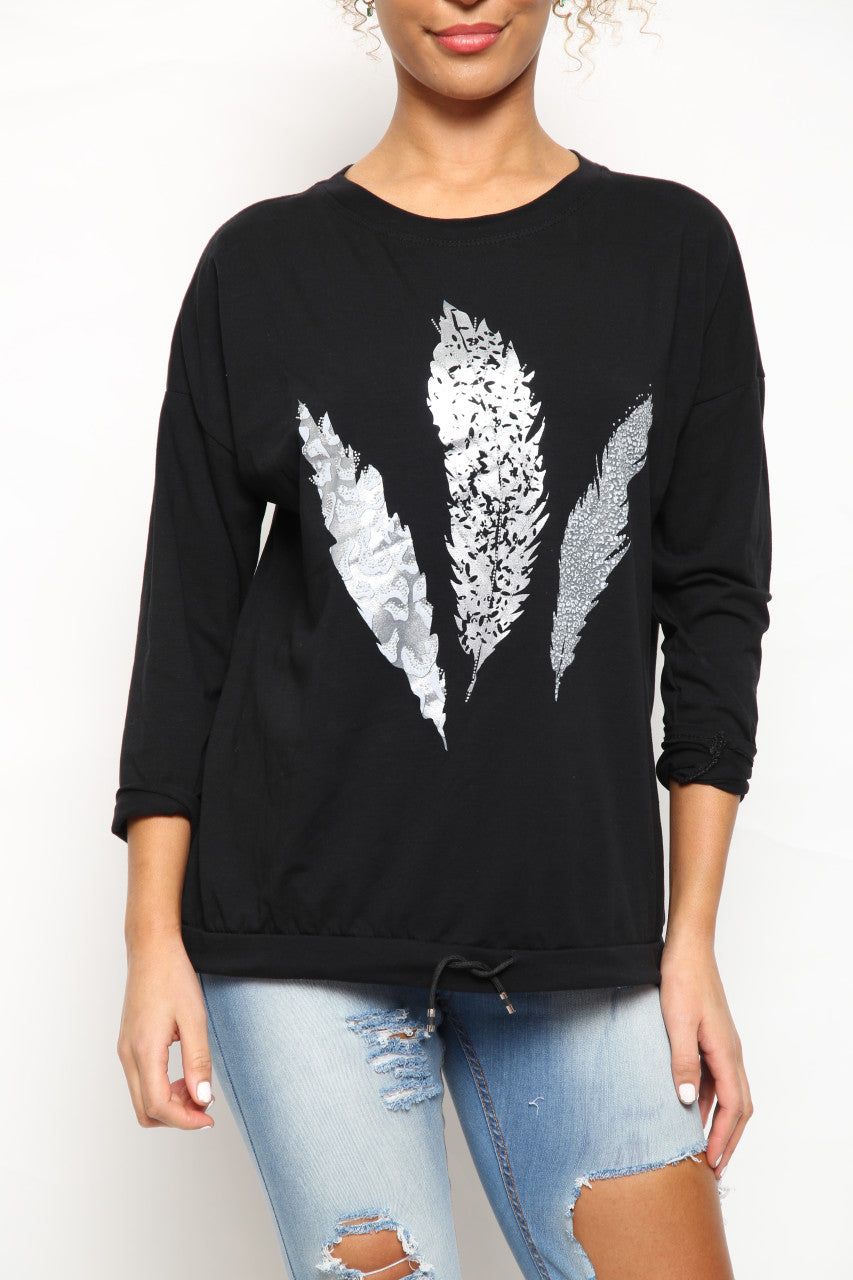 Ladies Foil Feather Graphic Drawstring Hem Top Black