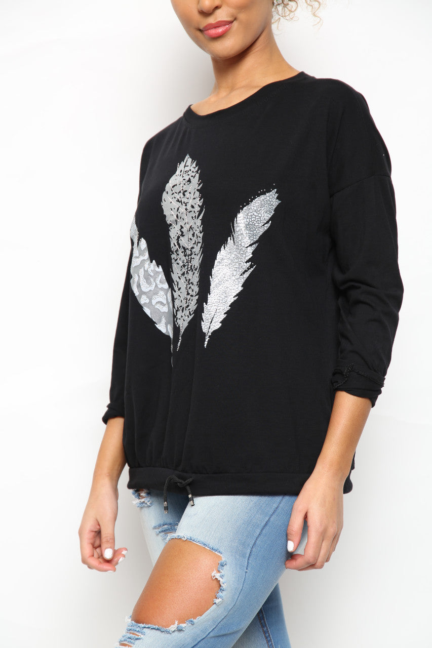 Ladies Foil Feather Graphic Drawstring Hem Top Black