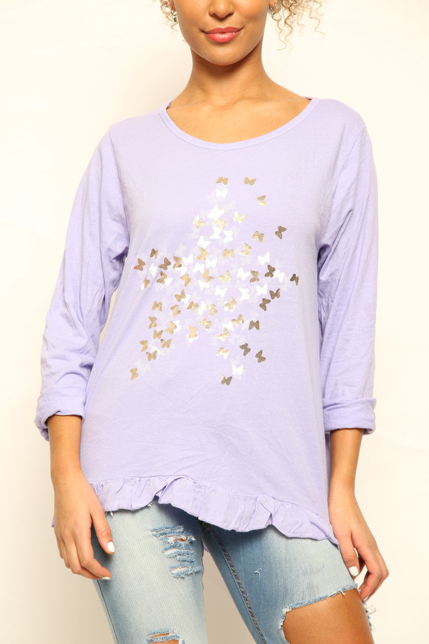 Ladies Ditsy Foil Butterfly Print Top Purple