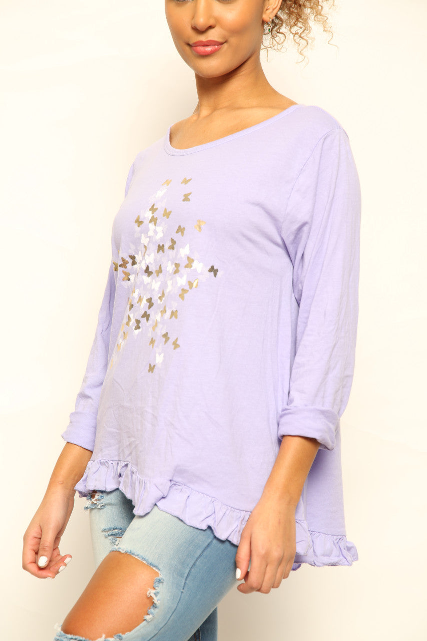 Ladies Ditsy Foil Butterfly Print Top Purple