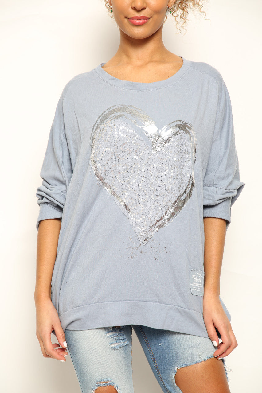 Ladies Foil Heart Scratch Graphic Sweatshirt Top Denim