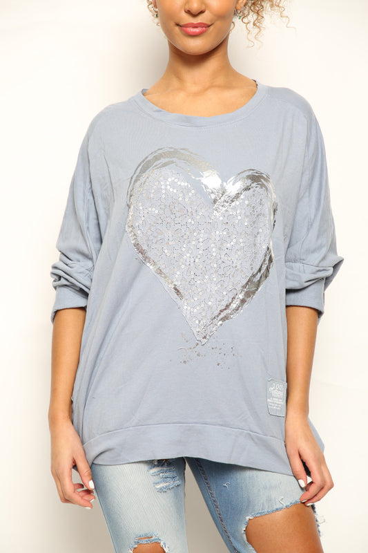 Ladies Foil Heart Scratch Graphic Sweatshirt Top Denim