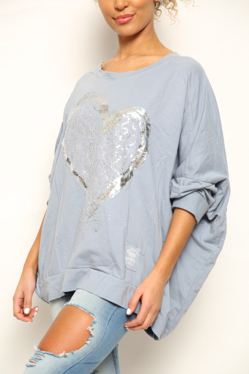 Ladies Foil Heart Scratch Graphic Sweatshirt Top Denim