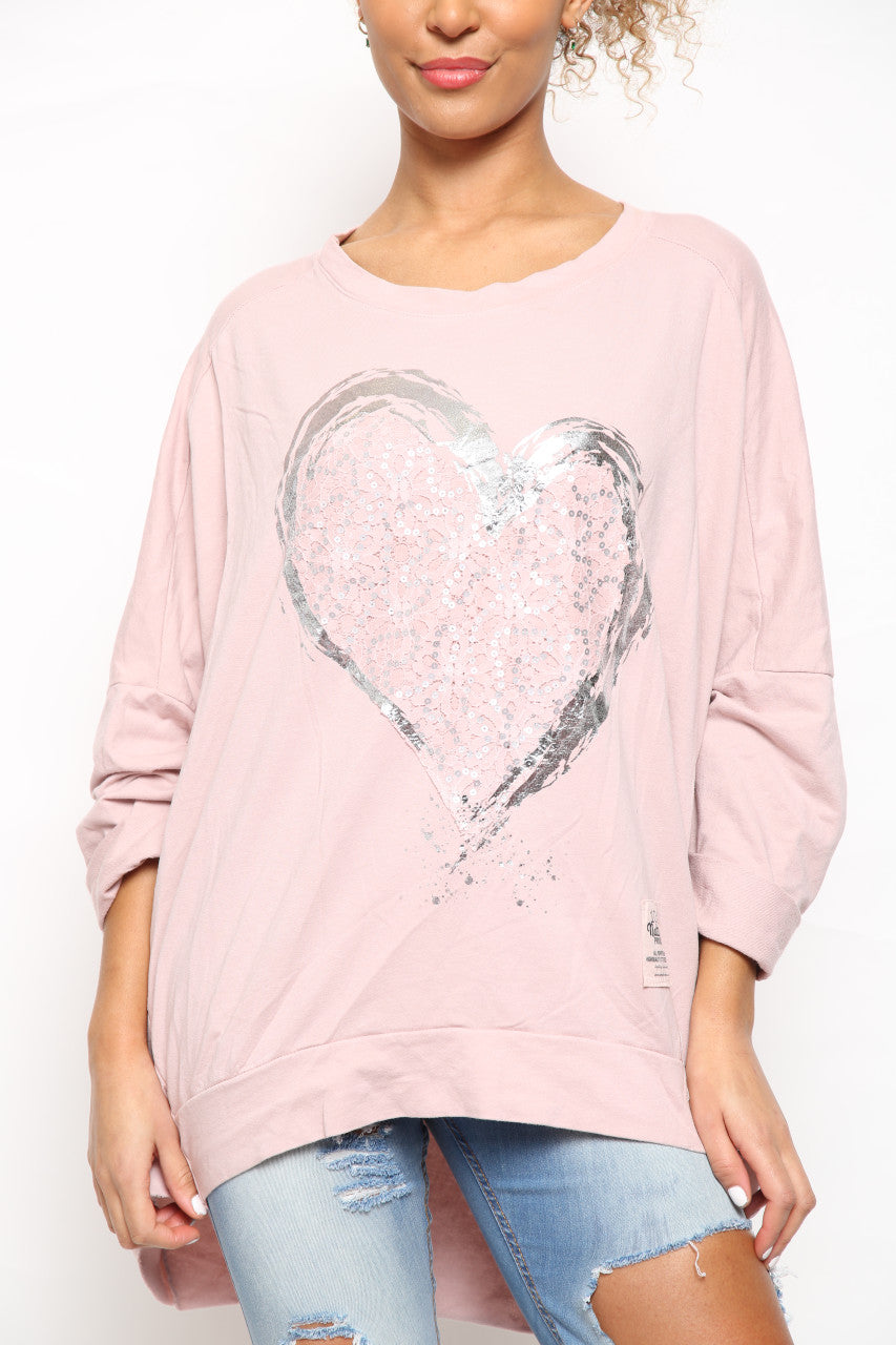 Ladies Foil Heart Scratch Graphic Sweatshirt Top Pink