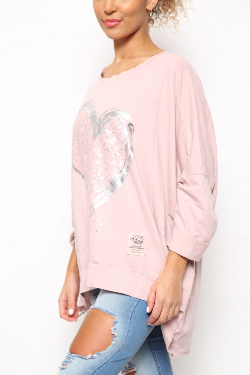 Ladies Foil Heart Scratch Graphic Sweatshirt Top Pink