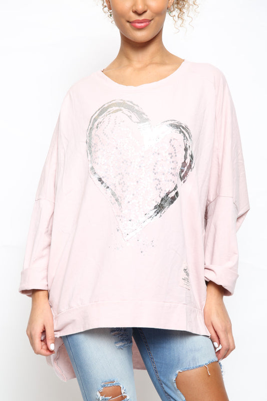 Ladies Foil Heart Scratch Graphic Sweatshirt Top Dusty Pink