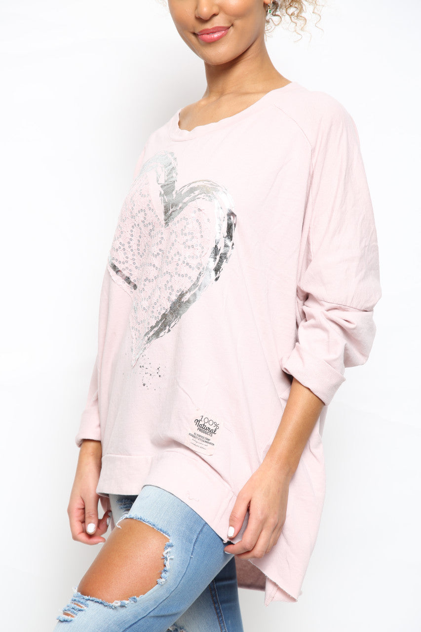 Ladies Foil Heart Scratch Graphic Sweatshirt Top Dusty Pink