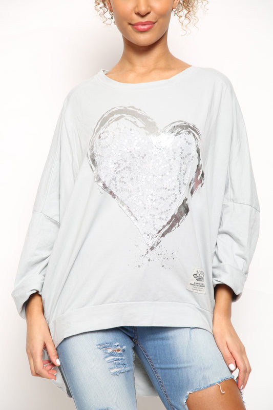 Ladies Foil Heart Scratch Graphic Sweatshirt Top Silver