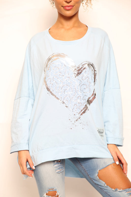 Ladies Foil Heart Scratch Graphic Sweatshirt Top Sky Blue