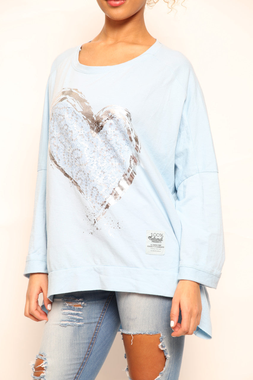 Ladies Foil Heart Scratch Graphic Sweatshirt Top Sky Blue