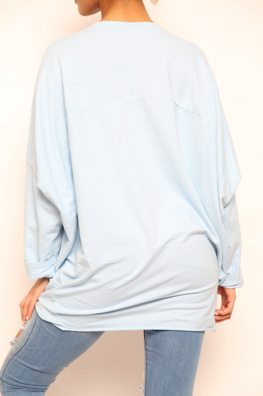Ladies Foil Heart Scratch Graphic Sweatshirt Top Sky Blue