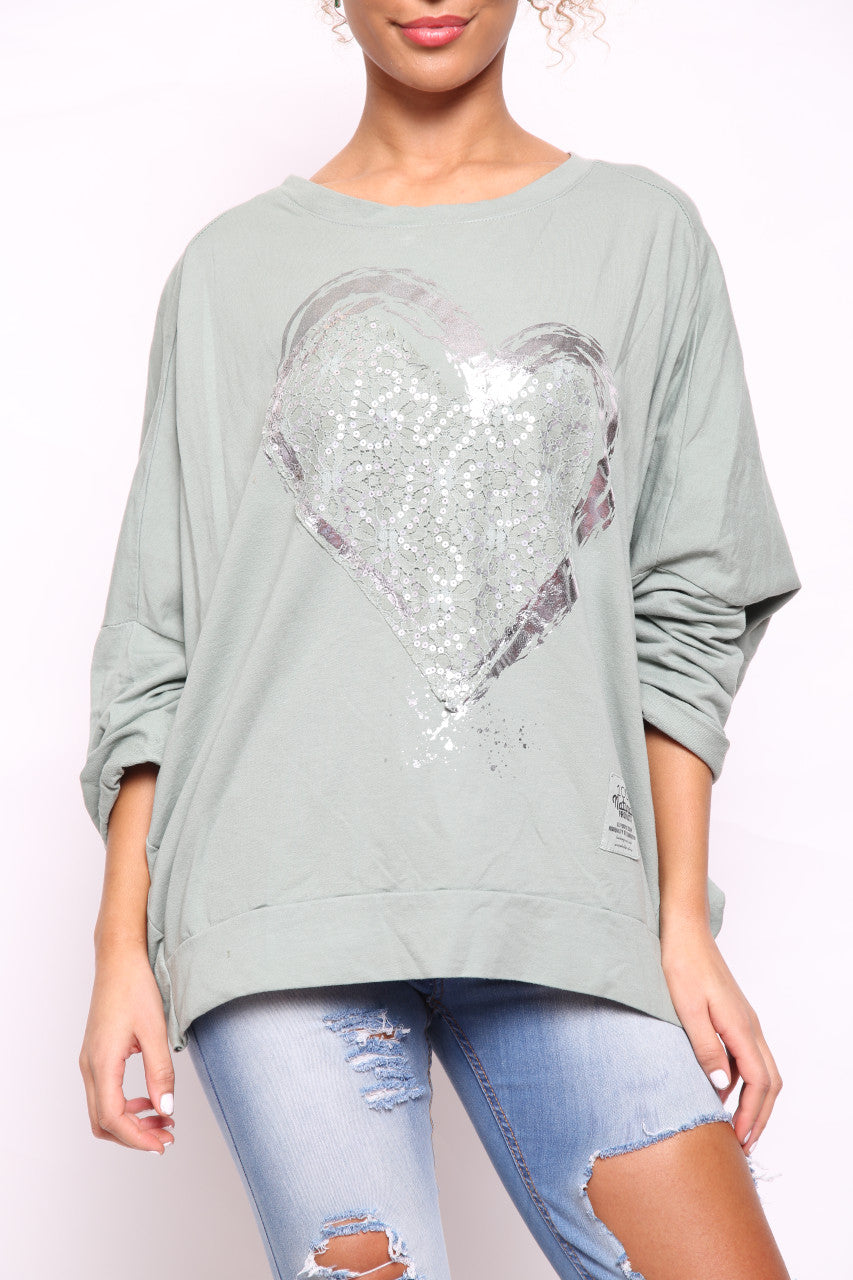 Ladies Foil Heart Scratch Graphic Sweatshirt Top Khaki