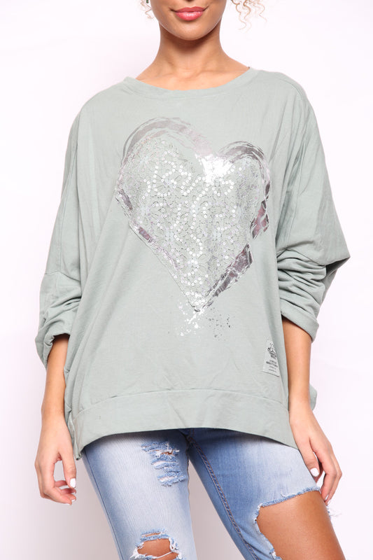 Ladies Foil Heart Scratch Graphic Sweatshirt Top Khaki