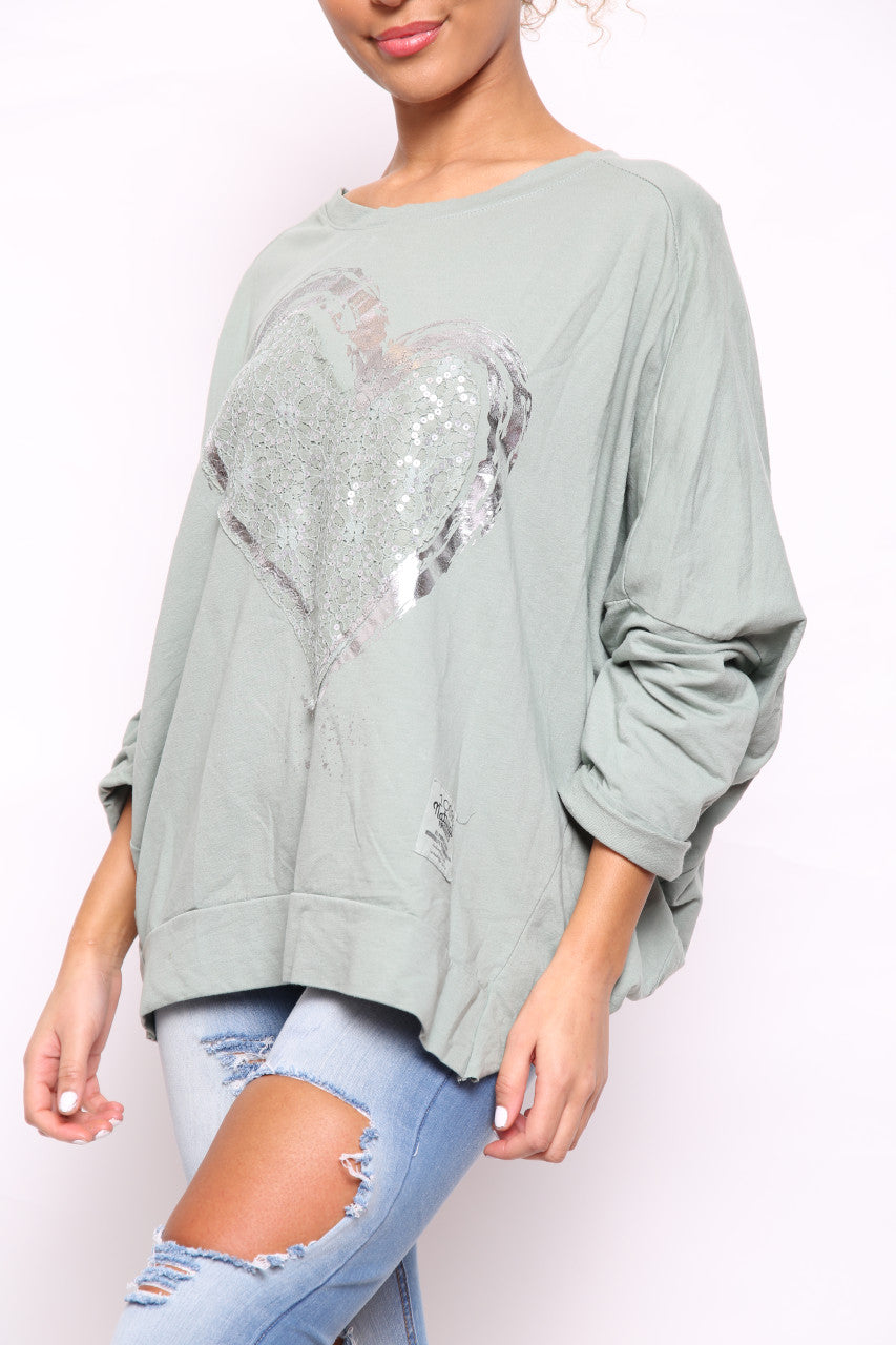 Ladies Foil Heart Scratch Graphic Sweatshirt Top Khaki