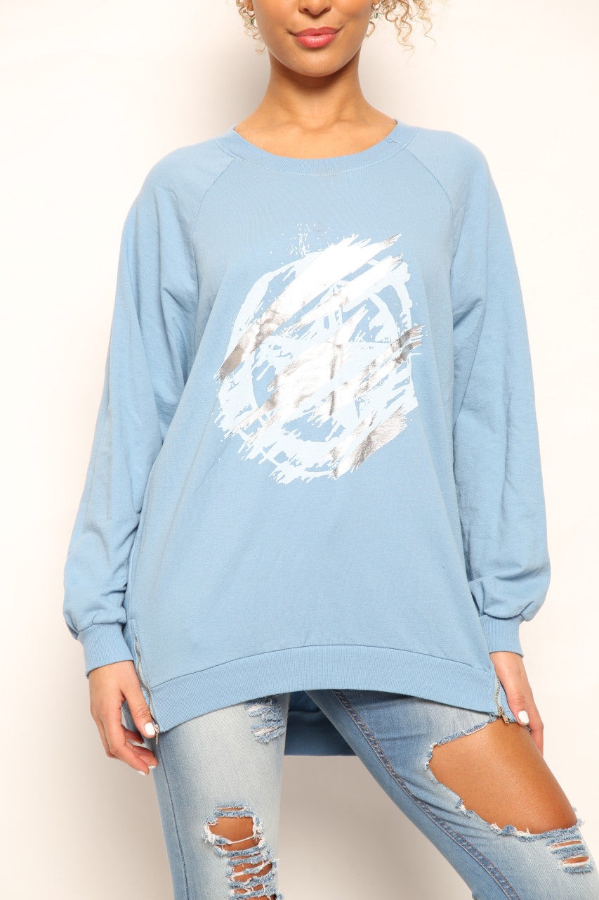 Ladies Foil Circle Scratch Graphic Sweatshirt Top Denim