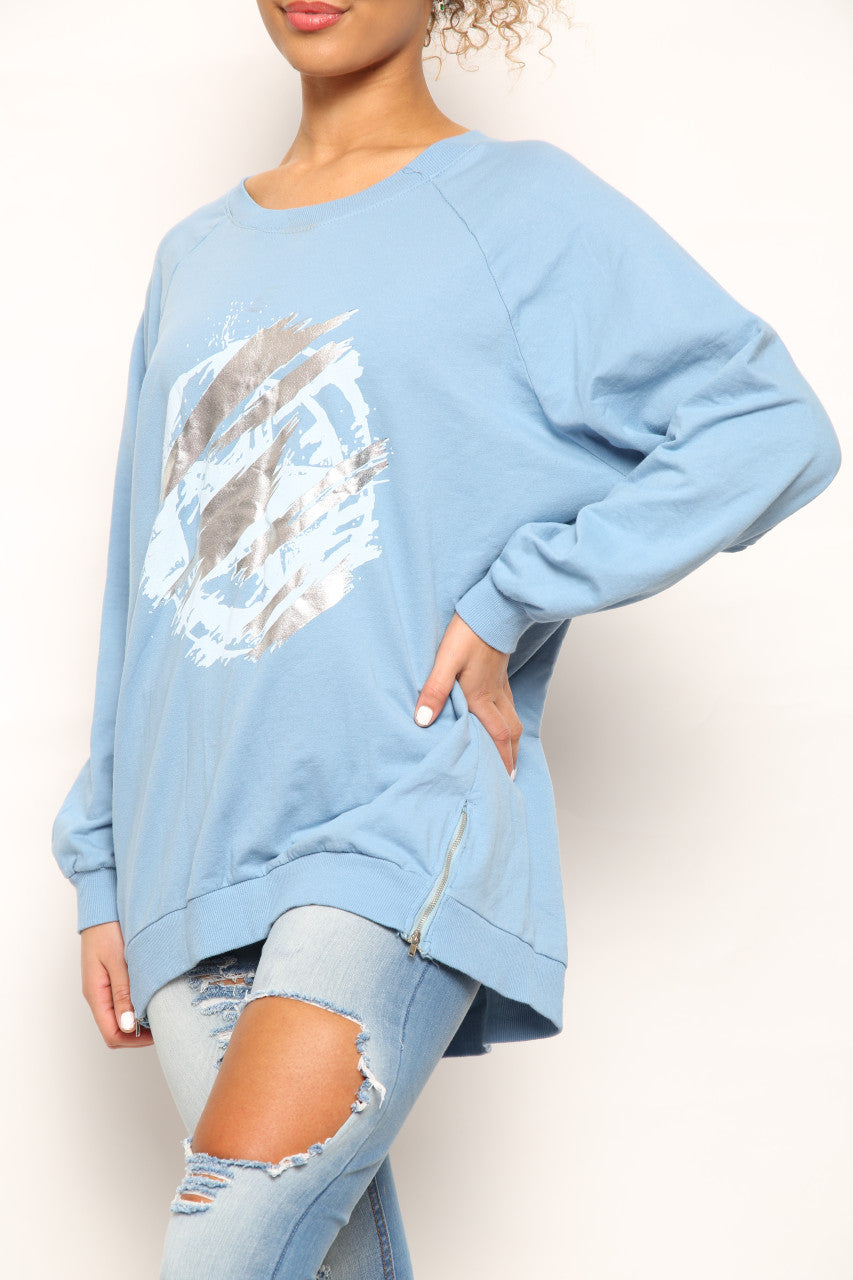 Ladies Foil Circle Scratch Graphic Sweatshirt Top Denim
