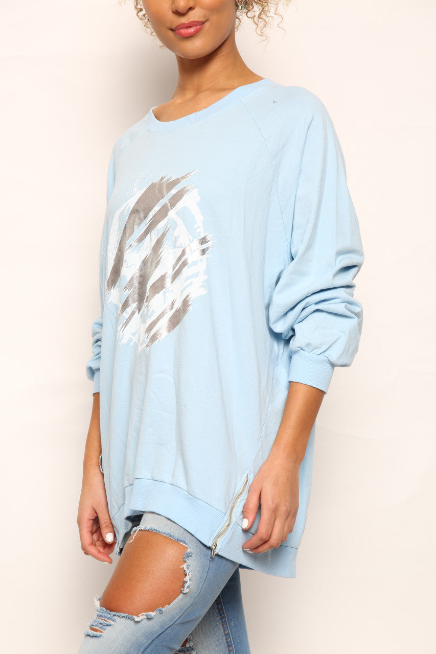 Ladies Foil Circle Scratch Graphic Sweatshirt Top Sky Blue
