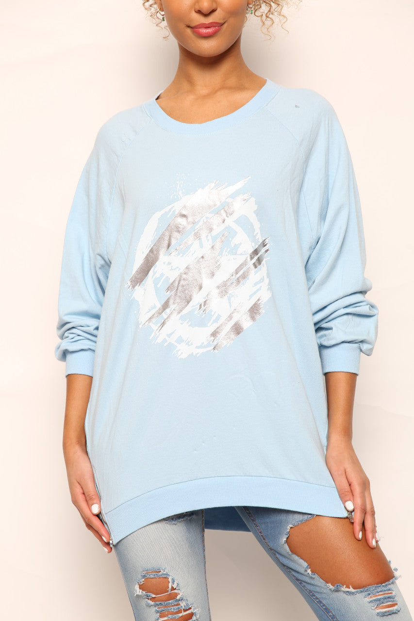 Ladies Foil Circle Scratch Graphic Sweatshirt Top Sky Blue