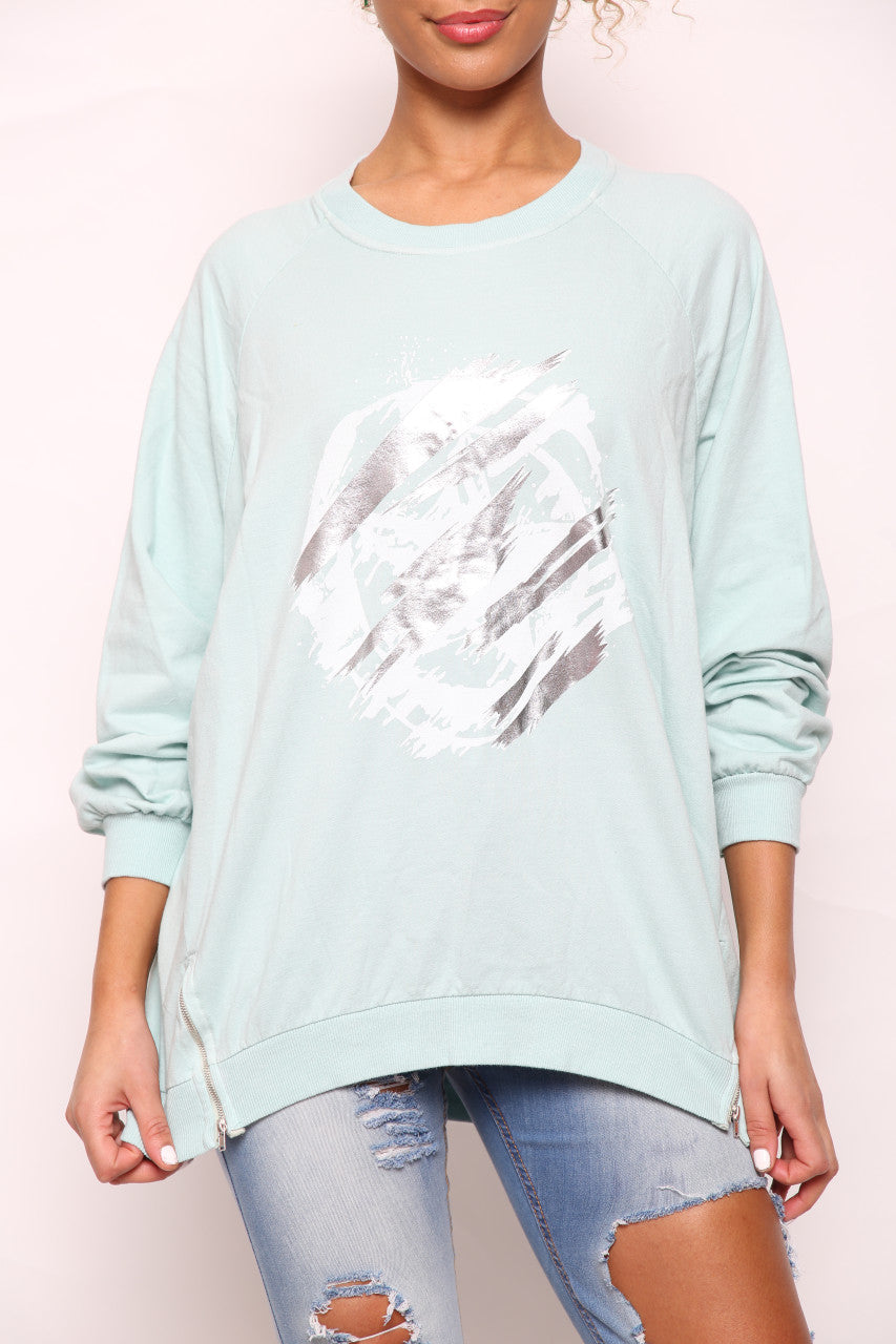Ladies Foil Circle Scratch Graphic Sweatshirt Top Mint