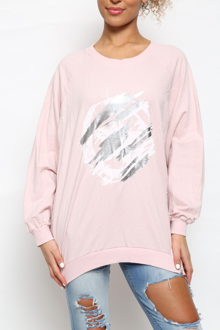 Ladies Foil Circle Scratch Graphic Sweatshirt Top Dusty Pink