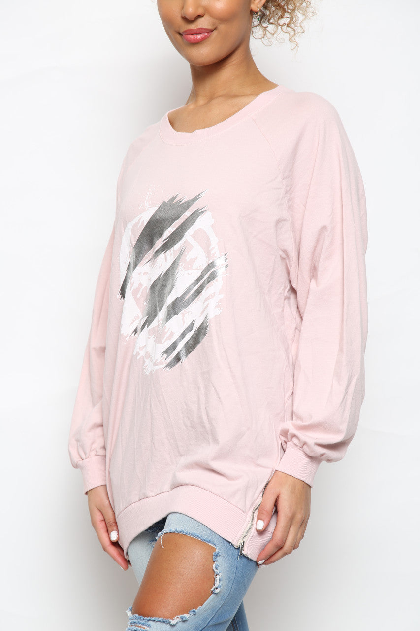 Ladies Foil Circle Scratch Graphic Sweatshirt Top Dusty Pink