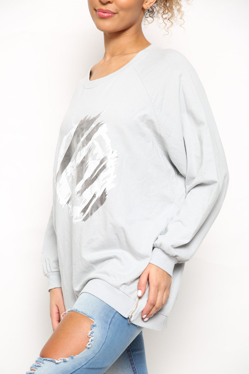 Ladies Foil Circle Scratch Graphic Sweatshirt Top  Grey