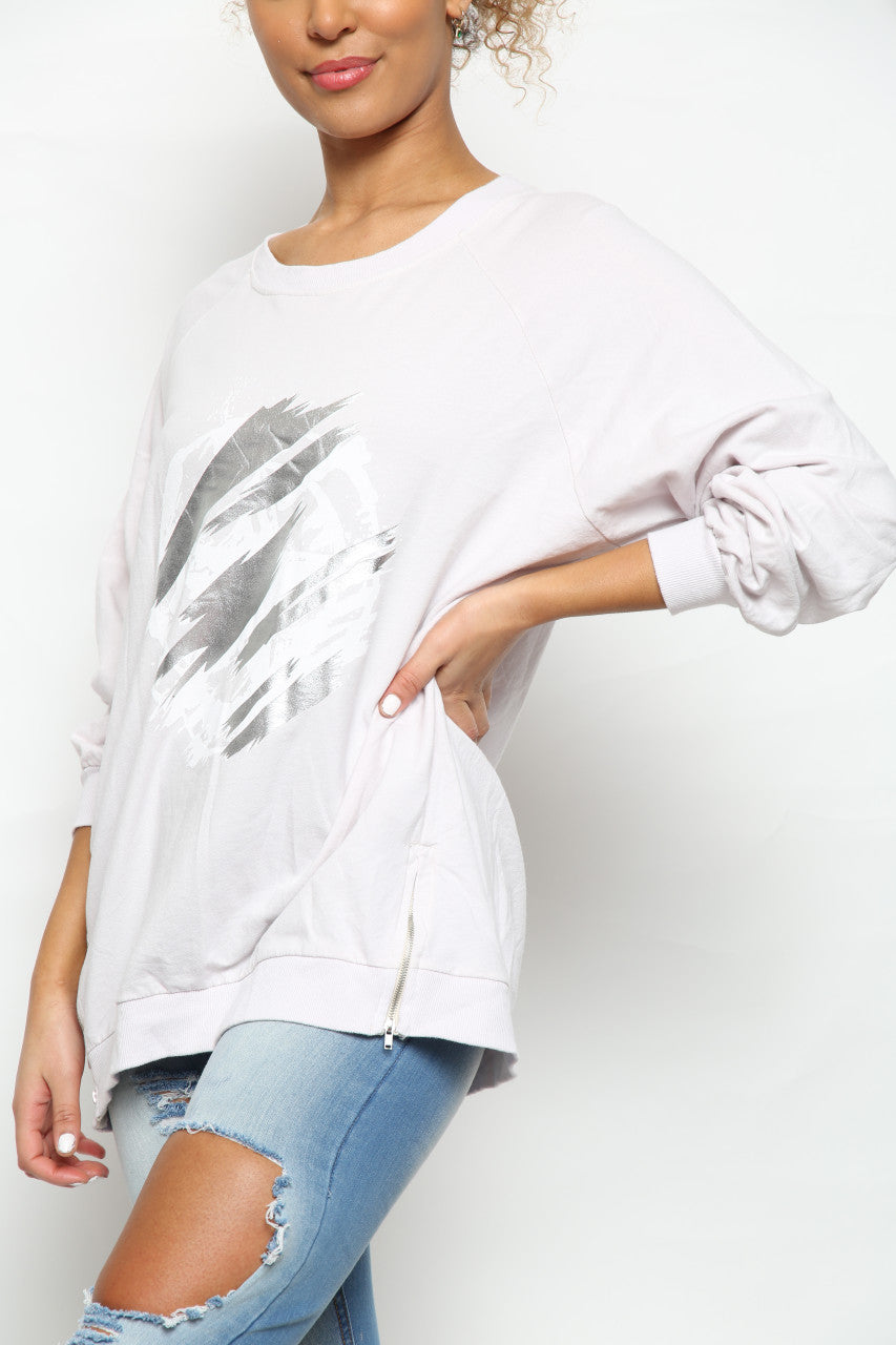 Ladies Foil Circle Scratch Graphic Sweatshirt Top  Silver