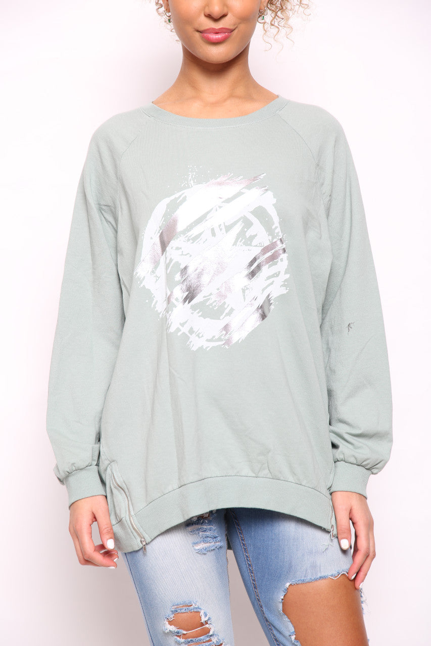 Ladies Foil Circle Scratch Graphic Sweatshirt Top Khaki
