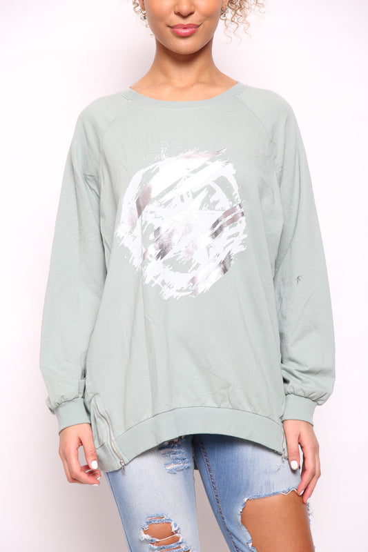Dames Folie Cirkel Kras Grafisch Sweatshirt Top Kaki
