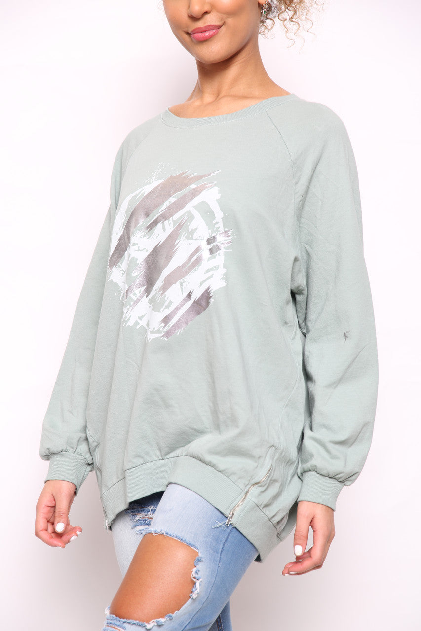 Ladies Foil Circle Scratch Graphic Sweatshirt Top Khaki