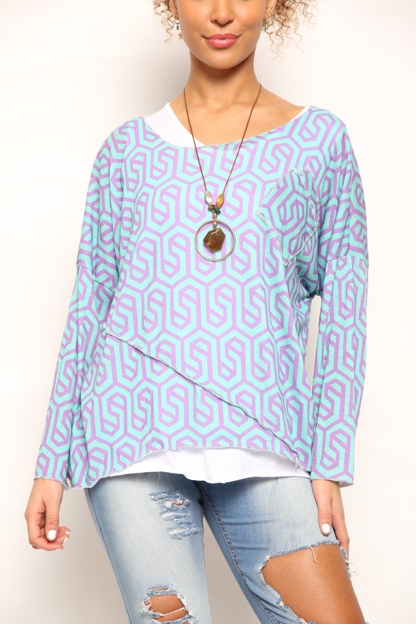 Ladies Geometric Print 2 Layer Top Blue/Purple
