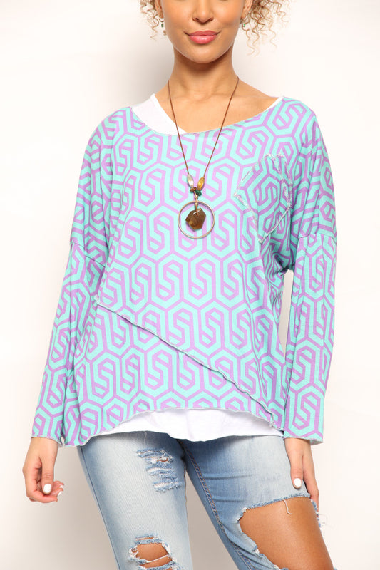 Ladies Geometric Print 2 Layer Top Blue/Purple