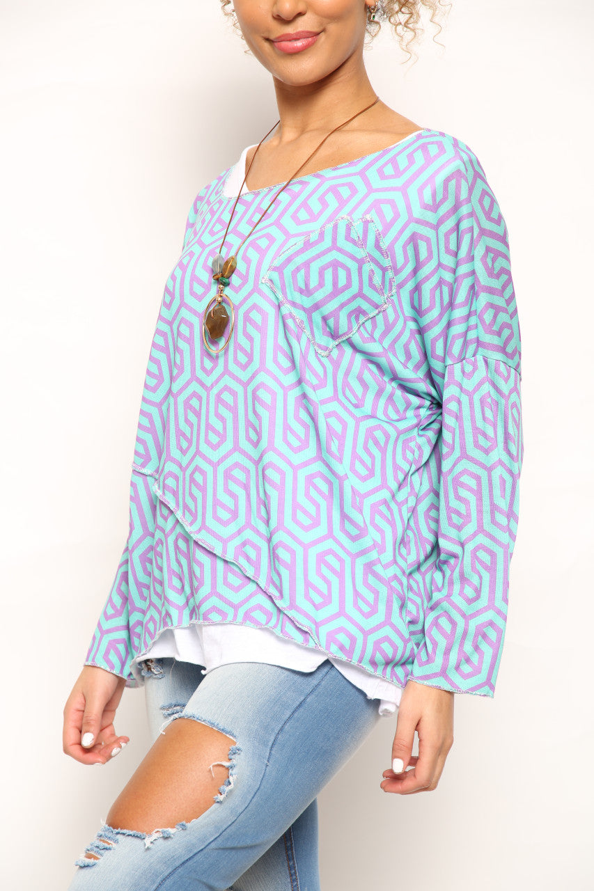 Ladies Geometric Print 2 Layer Top Blue/Purple