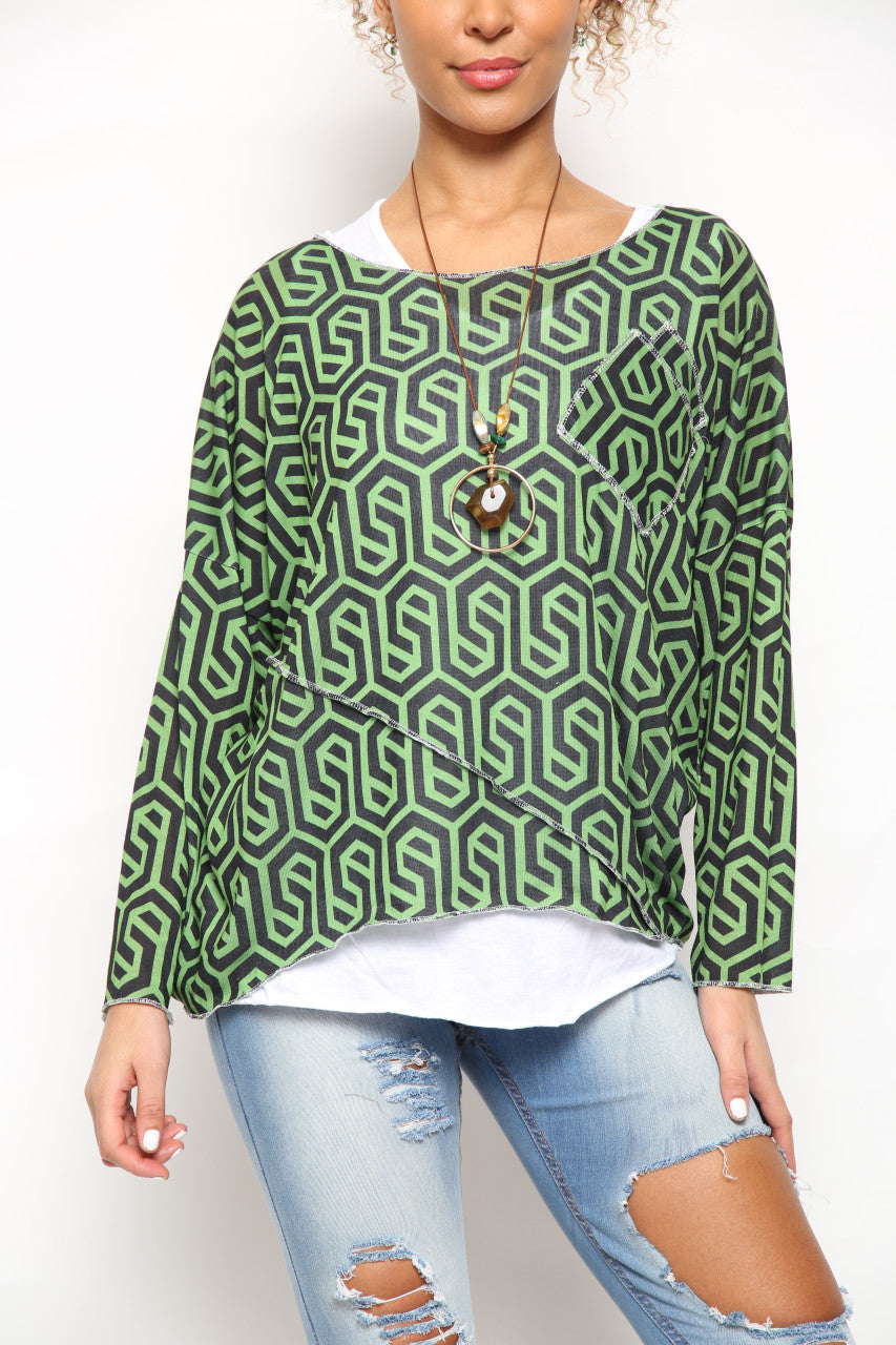 Ladies Geometric Print 2 Layer Top Black/Green