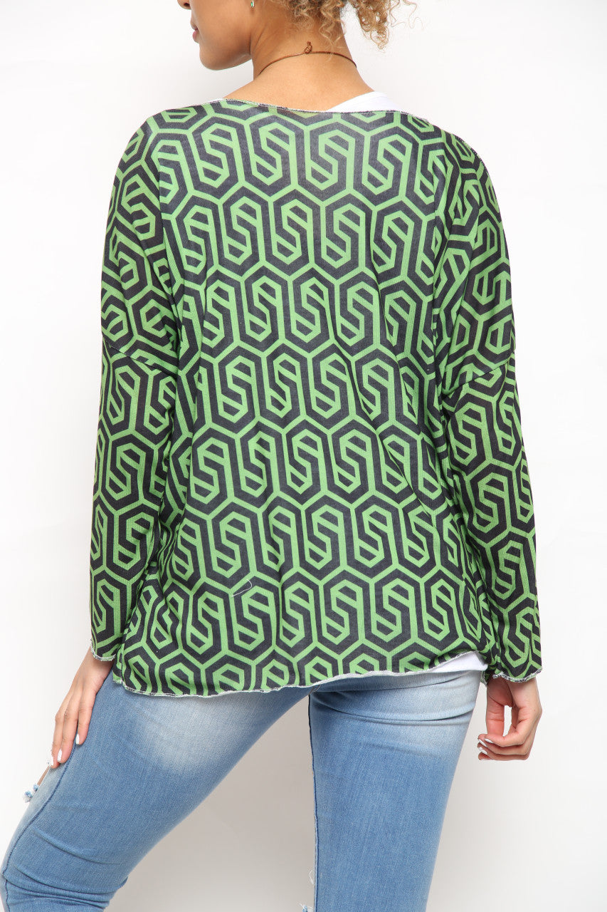 Ladies Geometric Print 2 Layer Top Black/Green