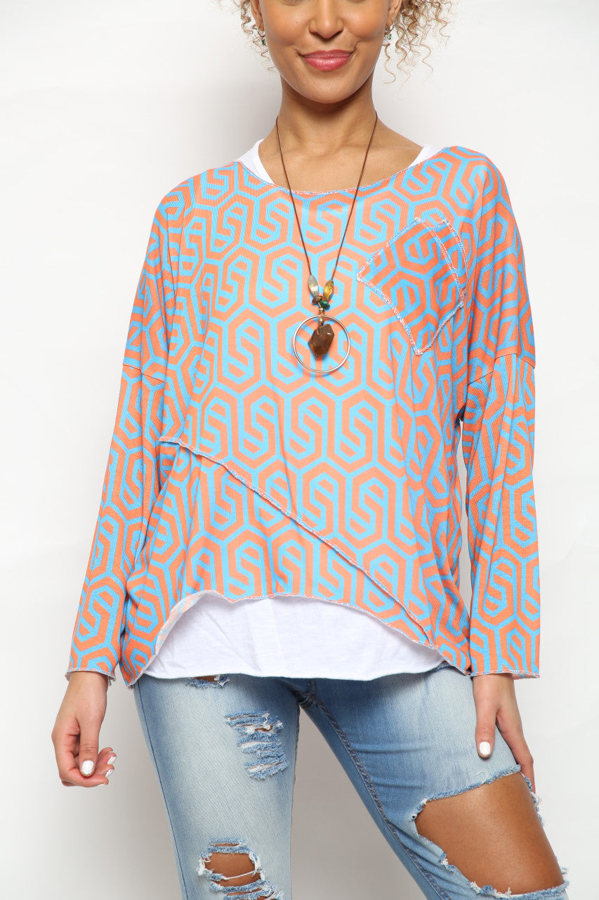 Ladies Geometric Print 2 Layer Top Orange/Blue