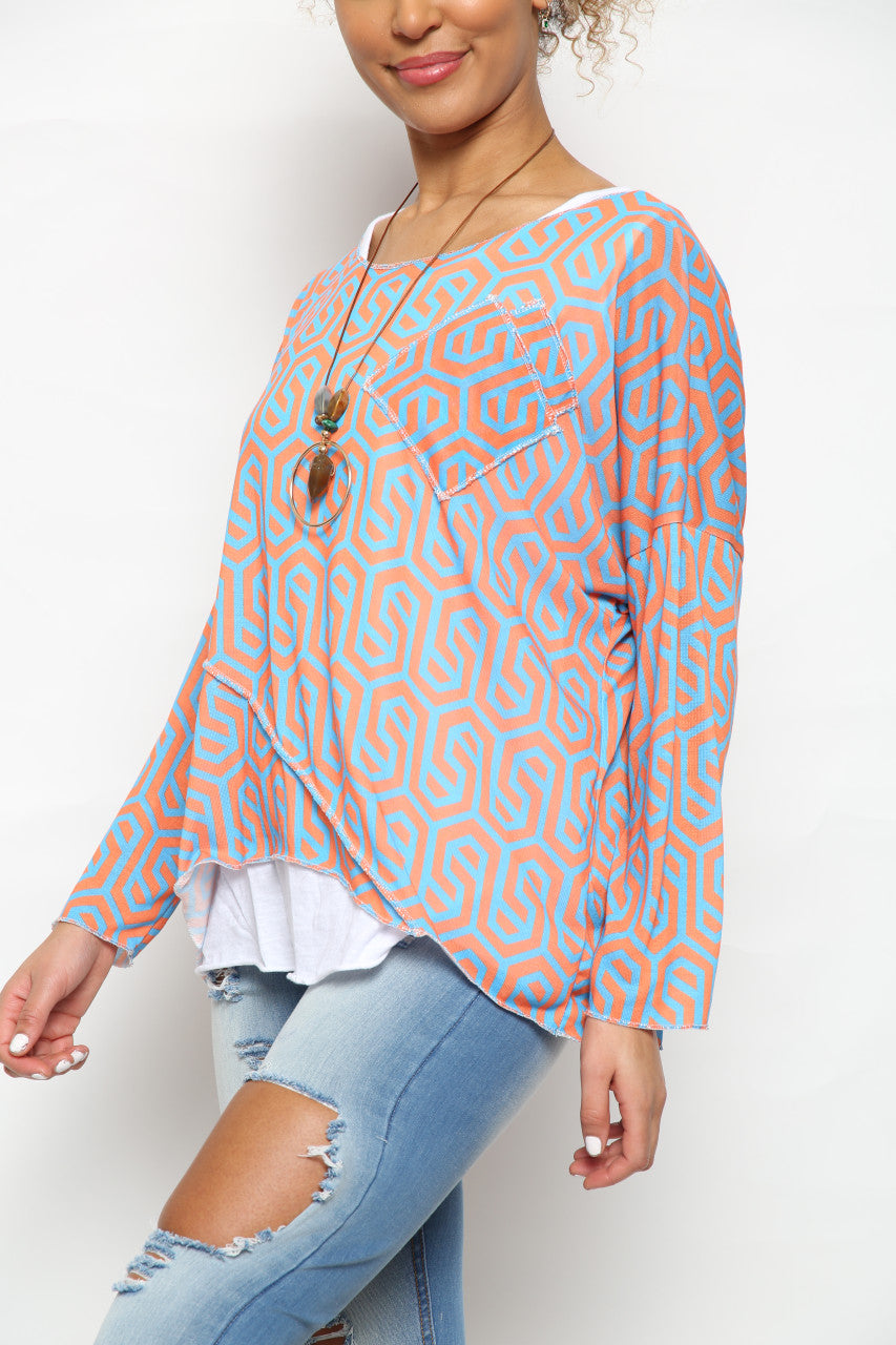 Ladies Geometric Print 2 Layer Top Orange/Blue