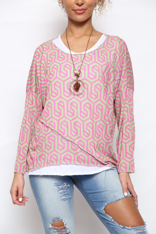 Ladies Geometric Print 2 Layer Top Pink/Green