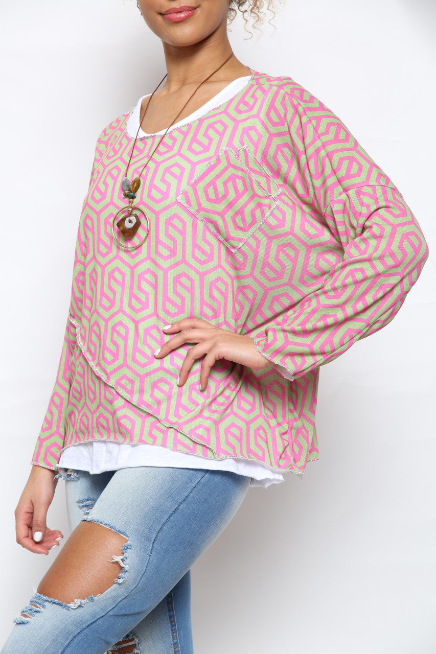 Ladies Geometric Print 2 Layer Top Pink/Green