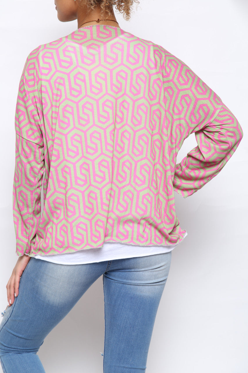 Ladies Geometric Print 2 Layer Top Pink/Green