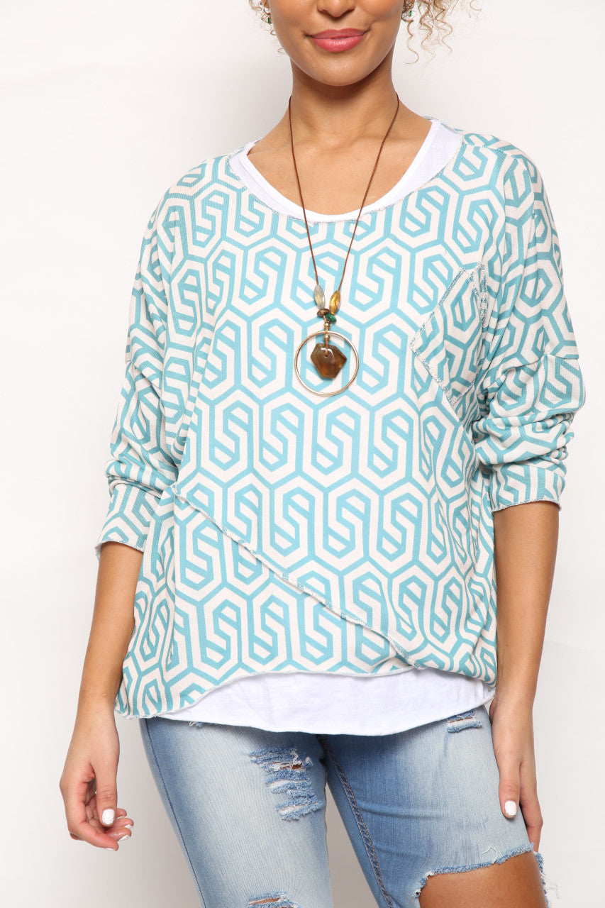 Ladies Geometric Print 2 Layer Top Blue/White