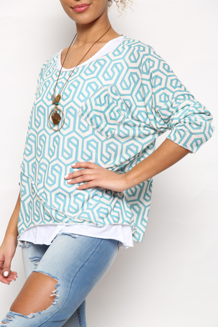 Ladies Geometric Print 2 Layer Top Blue/White