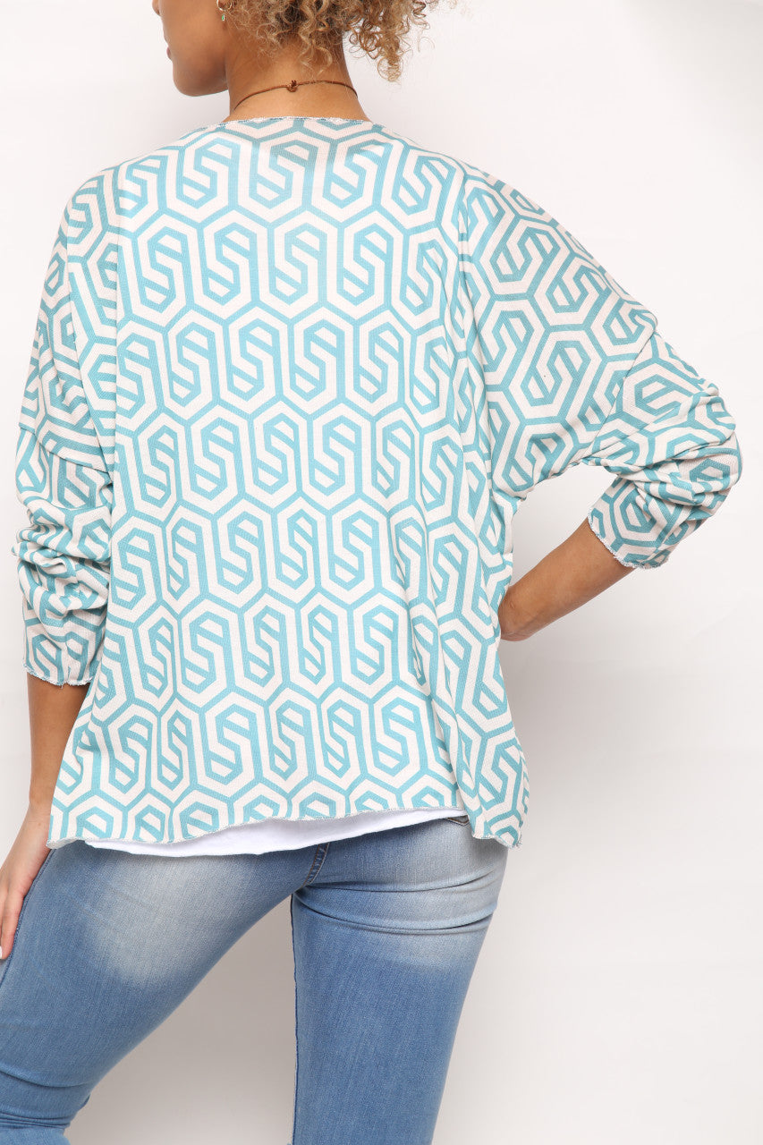 Ladies Geometric Print 2 Layer Top Blue/White